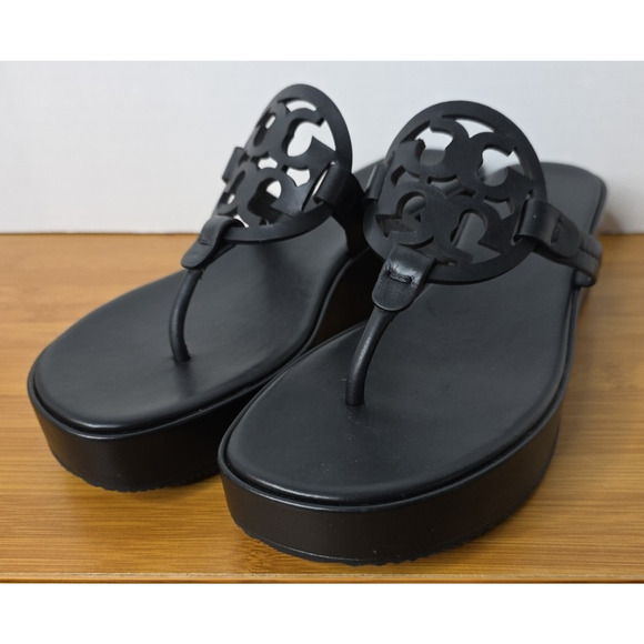TORY BURCH Miller Wedge Platform Leather Sandals Black Excellent US 9.5M - Picture 16 of 16